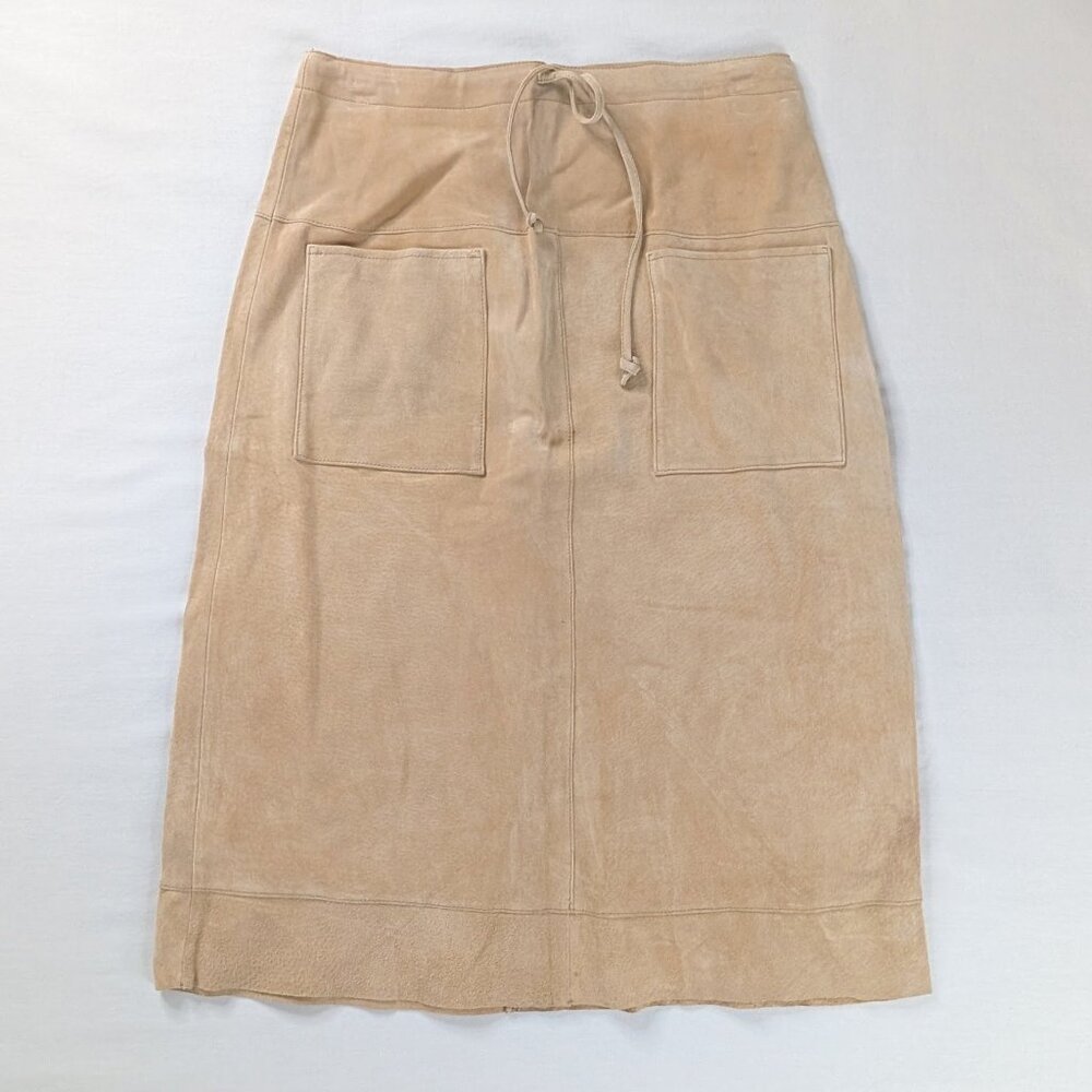VTG Cream Tan Suede Front Pocket Tie Waist Lined Midi Skirt Y2k Corpcore NWT